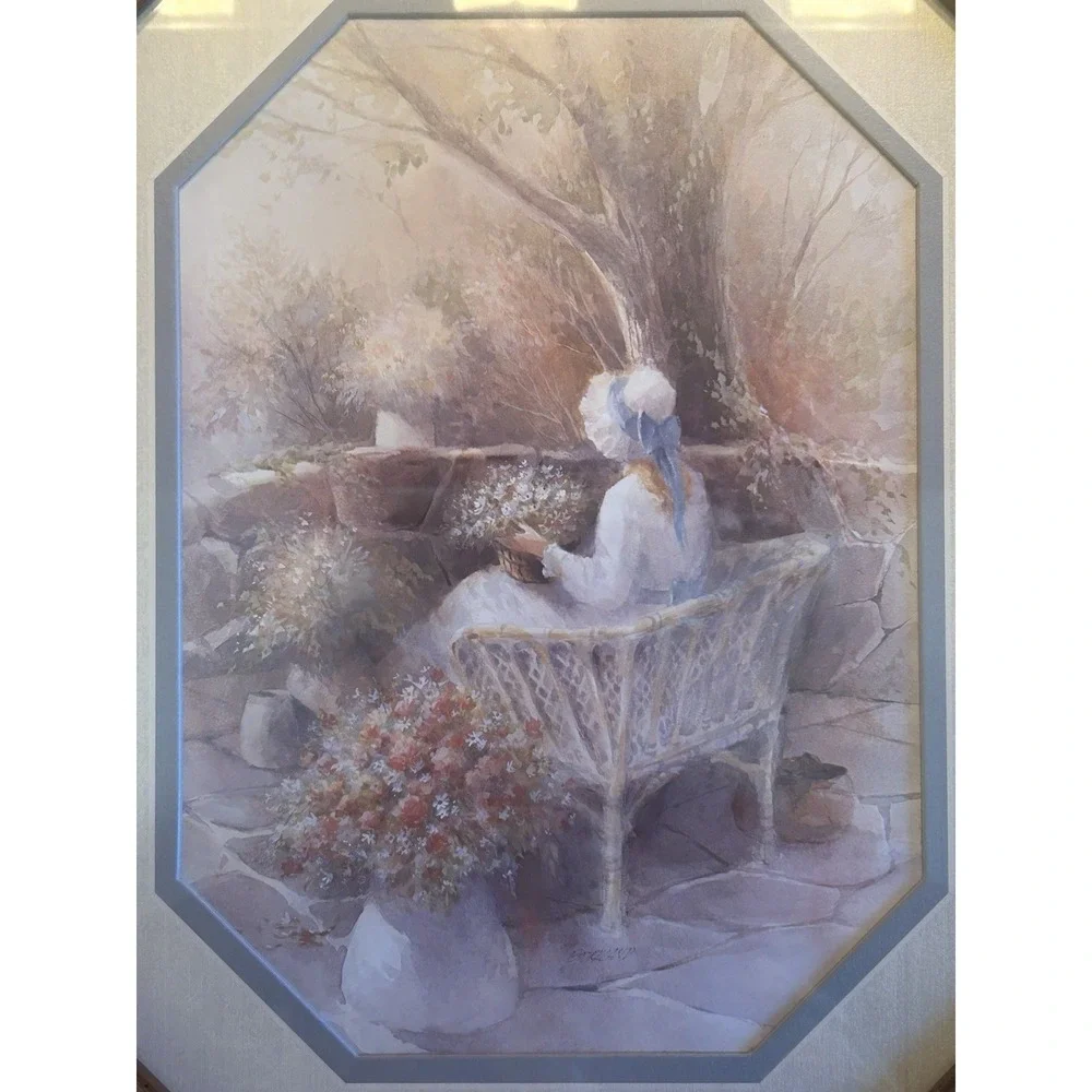 Vintage Octagon Garden Bench Framed HOMCO Blue Bonnet Art Girl White Wicker